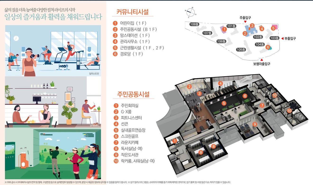 커뮤니티시설, 어린이집·주민공동시설(B1F)·맘스테이션·관리사무소·근린생활시설·경로당 / B1F 주민회의실·G.X룸·피트니스센터·선큰·실내골프연습장·스크린골프·라운지카페·독서실·작은도서관·락커룸